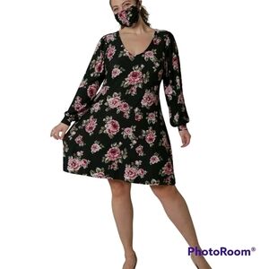 Ultra Flirt Black Floral Long Sleeve Fit And Flare Dress With Matching Mask 1X